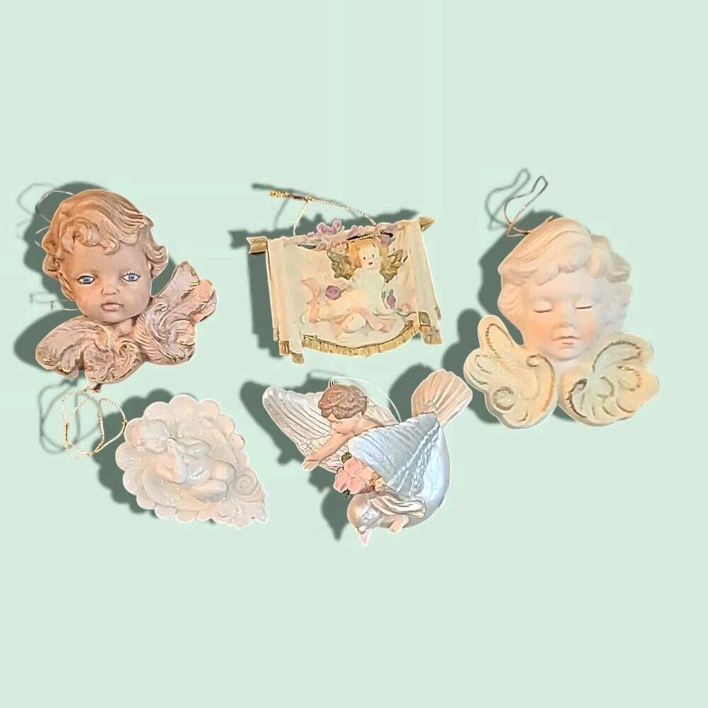 Lot of 5 Vintage‎ Cherub Angel Baby Christmas Ornaments Ceramic & Plaster *Read